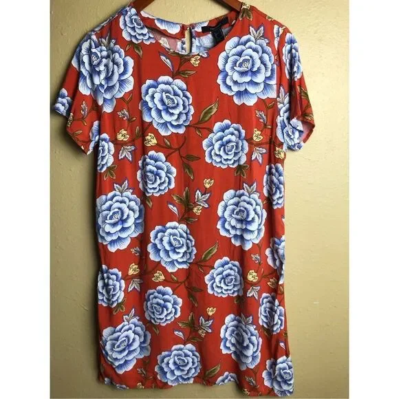 Forever 21 Women Size Medium Rust Floral Short Sleeve Button Back Dress - Picture 4 of 12